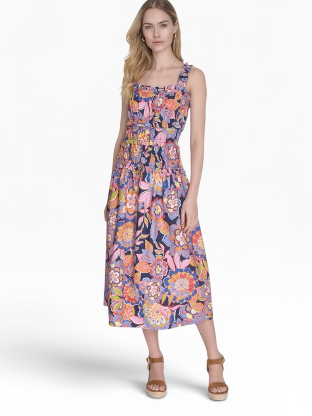 Eliza J Smocked Floral Print Cotton Midi Dress Vibrant Abstract Retro NEW/NWT 8P